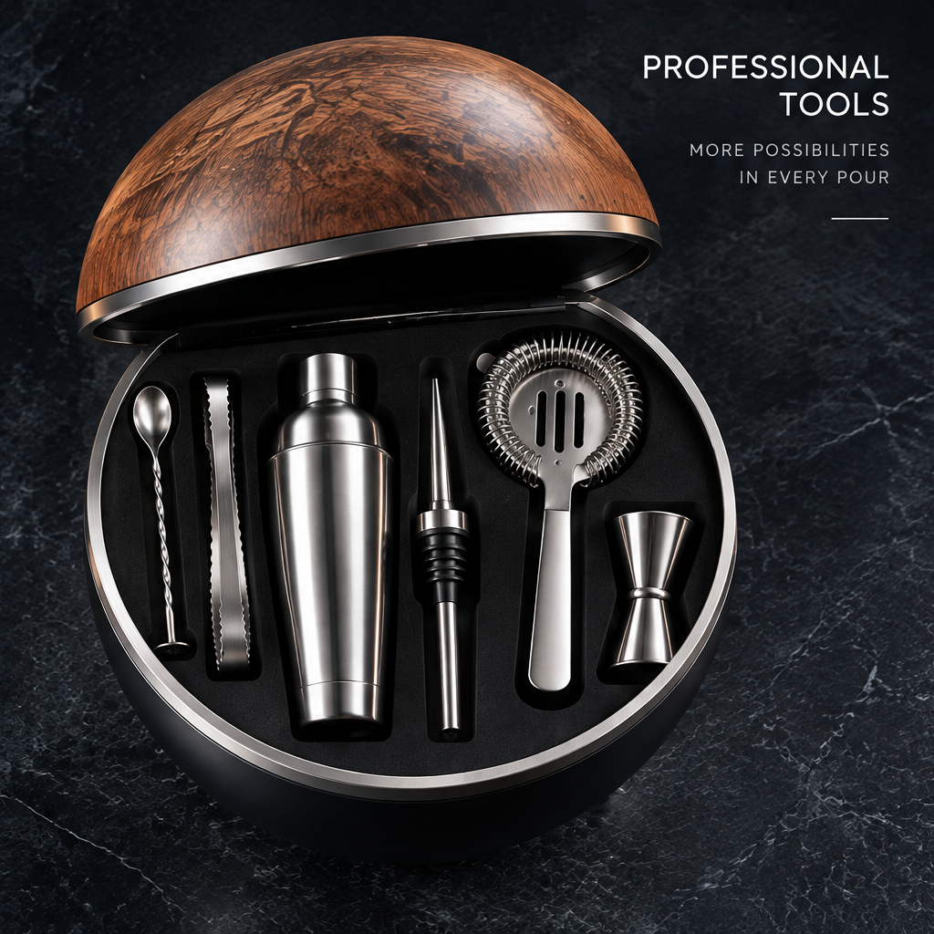 nestovn® Globe Cocktail Set — Professional Tools, More Possibilities in Every Pour, overhead top-down view showing all 7 tools in black velvet-lined sphere
