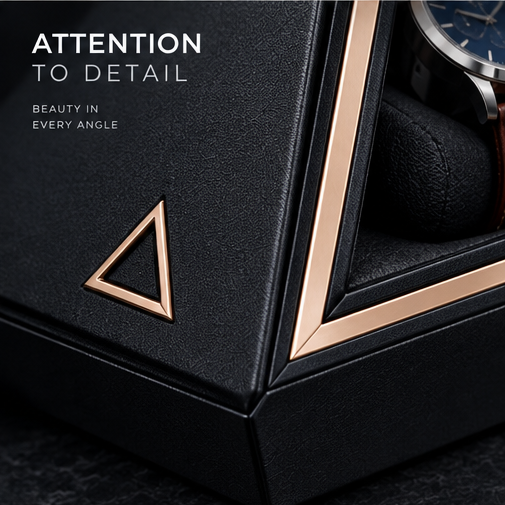 nestovn® Pyramid Watch Case — Attention to Detail, Beauty in Every Angle, close-up of gold triangle emblem and edge trim