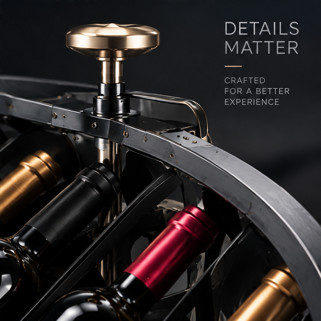 nestovn® Orbital Wine Rack — Details Matter, Crafted for a Better Experience, close-up of gold central hub, bottle cradles and ellipse frame
