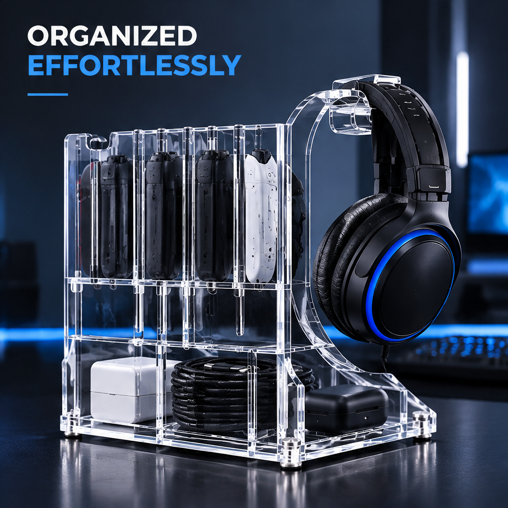 nestovn® Premium Acrylic — Clear, Durable, Modern, close-up of bottom cable and charger storage compartments