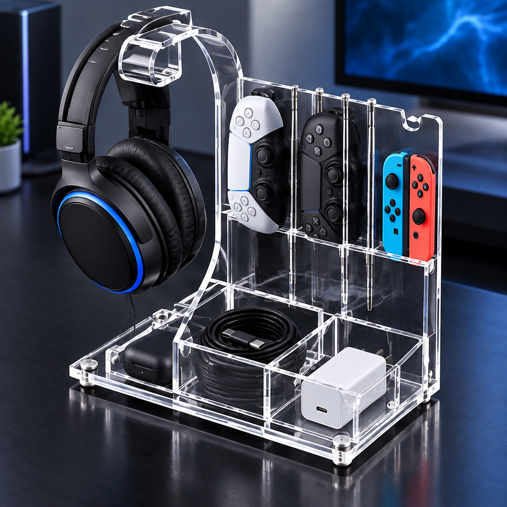 nestovn® Gaming Organizer — Organized Effortlessly, acrylic stand holding multiple controllers and a gaming headset