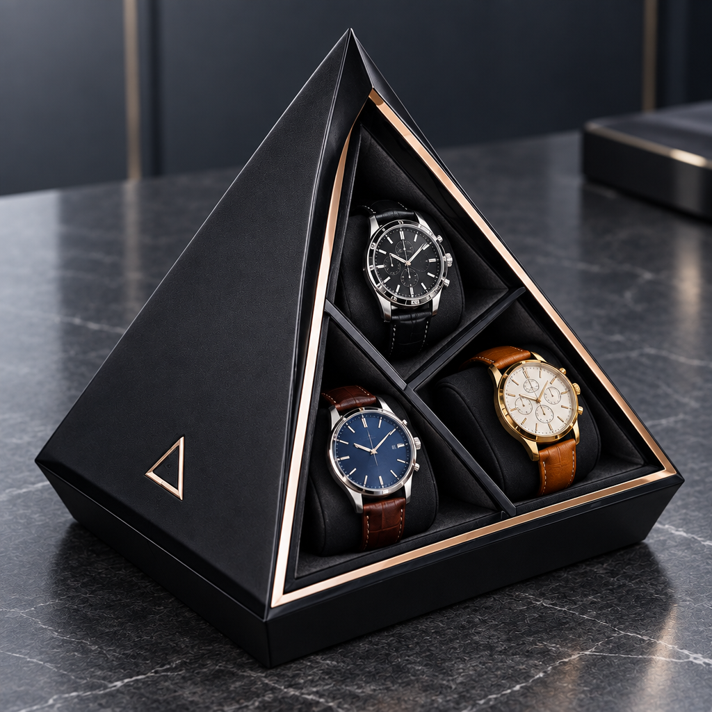 nestovn® Pyramid Watch Case open showing 3 watches in triangle-divided cushioned slots with gold trim detail
