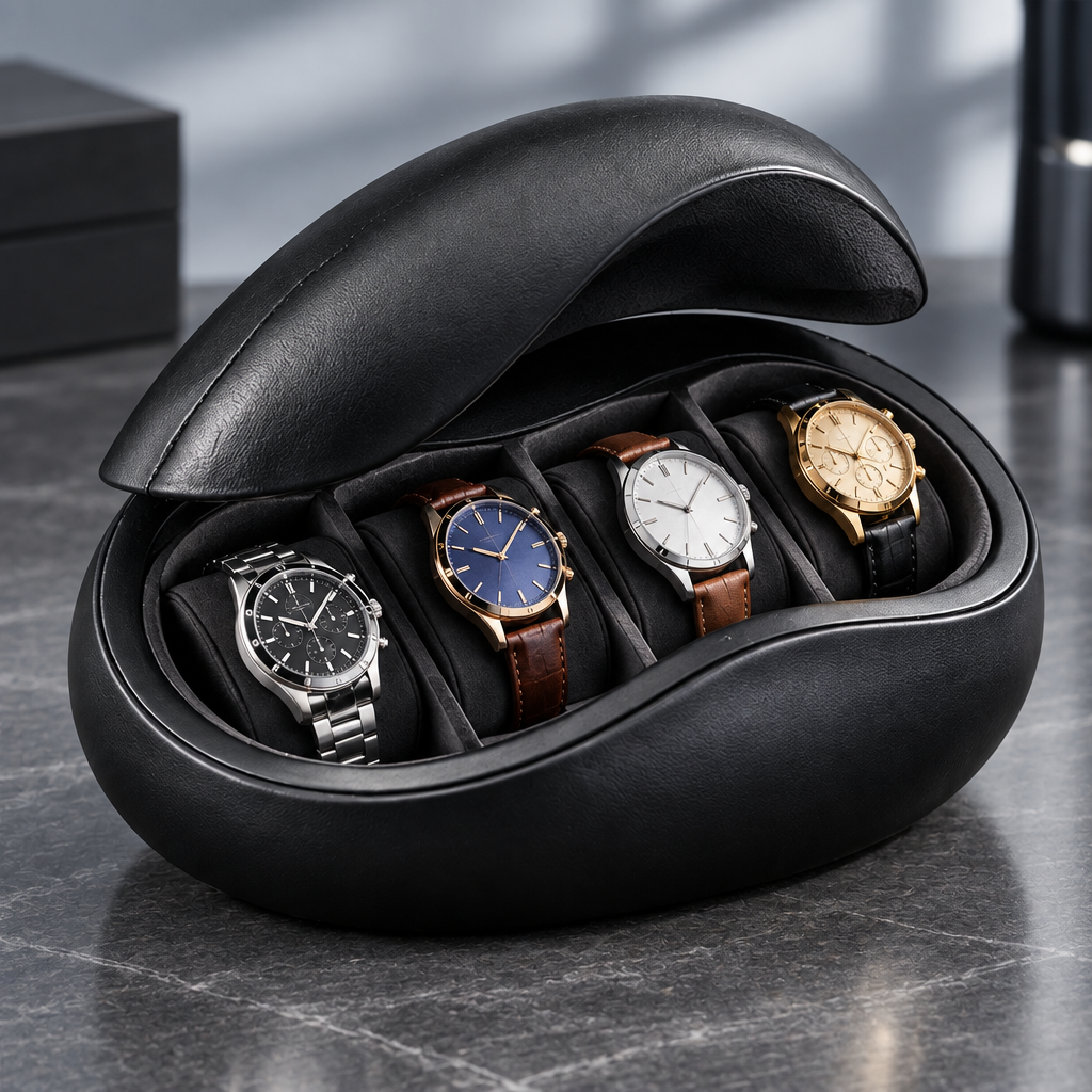 nestovn® Premium Leather Watch Case open showing 4 watches in cushioned slots — no text, clean product view