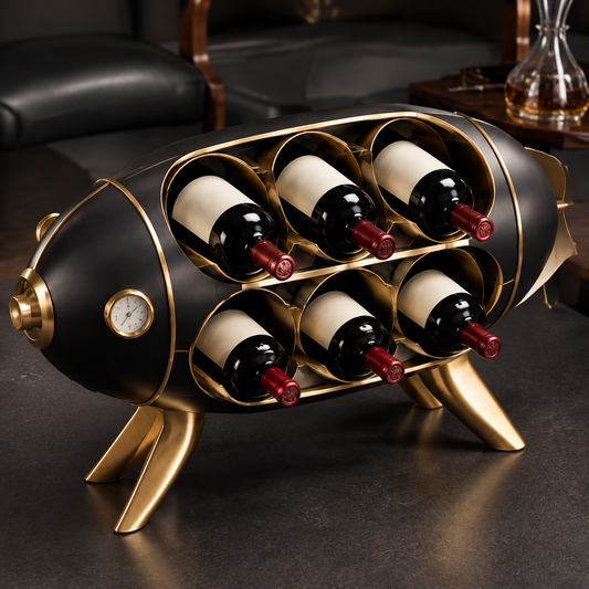 nestovn® Rocket Wine Rack holding 6 wine bottles, angled side view in lounge setting with decanter in background