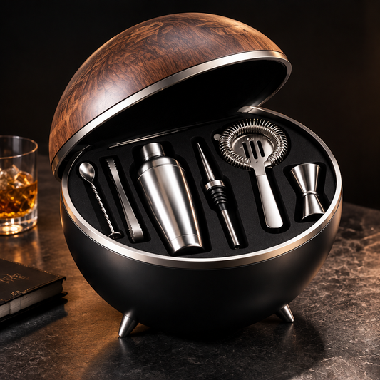nestovn® Globe Cocktail Set — open walnut wood sphere case revealing 7-piece stainless steel bartender kit, whisky glass in background