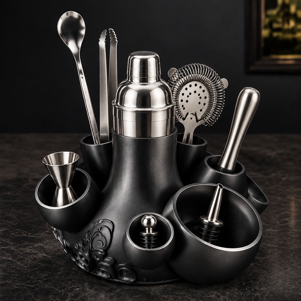 nestovn® Complete Cocktail Bar Set — Premium Materials, Built to Last, close-up of shaker hawthorne strainer muddler and bottle stoppers