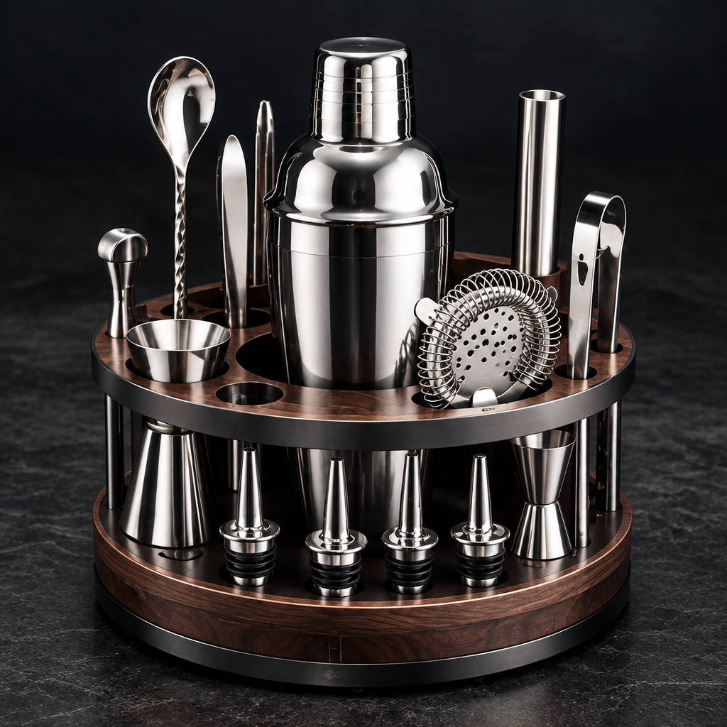 nestovn® Premium Cocktail Set — full professional bartender kit displayed on two-tier solid walnut wood round stand, black background