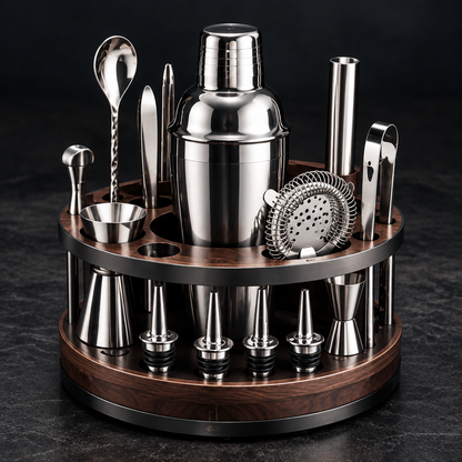 nestovn® Premium Cocktail Set — full professional bartender kit displayed on two-tier solid walnut wood round stand, black background