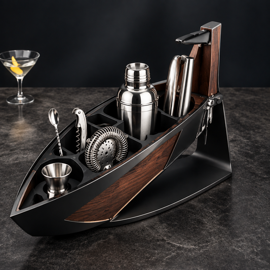 nestovn® Nautical Cocktail Bar Set — full bartender kit in ship-hull shaped black and walnut wood stand, martini glass in background