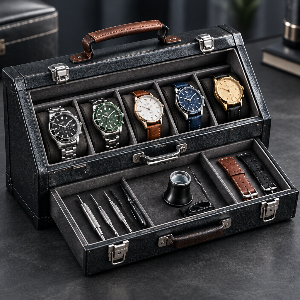nestovn® Premium Watch Case open showing 5 watches displayed in top compartment and watch tools, straps in bottom drawer