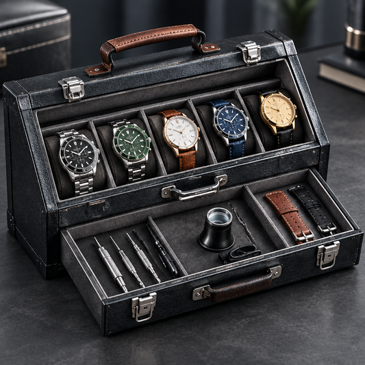 nestovn® Premium Watch Case open showing 5 watches displayed in top compartment and watch tools, straps in bottom drawer