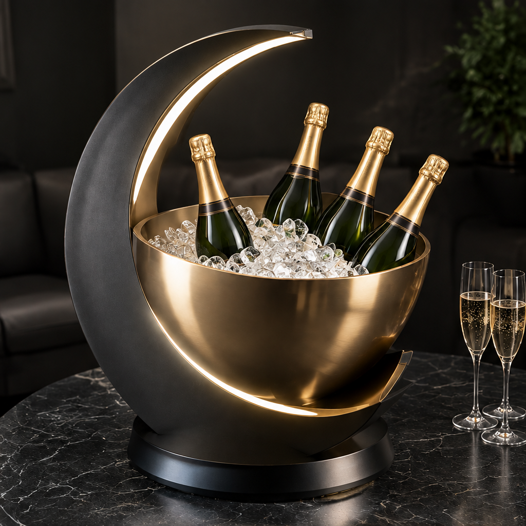 nestovn® Crescent Moon Champagne Ice Bucket — Premium Materials, Durable Stylish Timeless, marble background