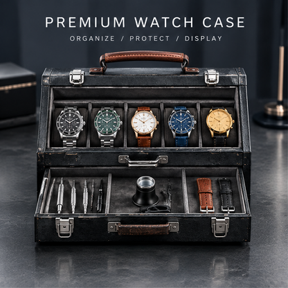 nestovn® Premium Watch Case closed exterior — Rugged & Durable, Built to Last, black textured finish with brown leather handle
