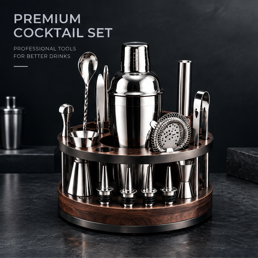 nestovn® Premium Cocktail Set — Premium Cocktail Set, Professional Tools for Better Drinks, front angled view with shaker background