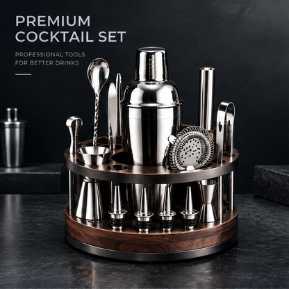 nestovn® Premium Cocktail Set — Premium Cocktail Set, Professional Tools for Better Drinks, front angled view with shaker background