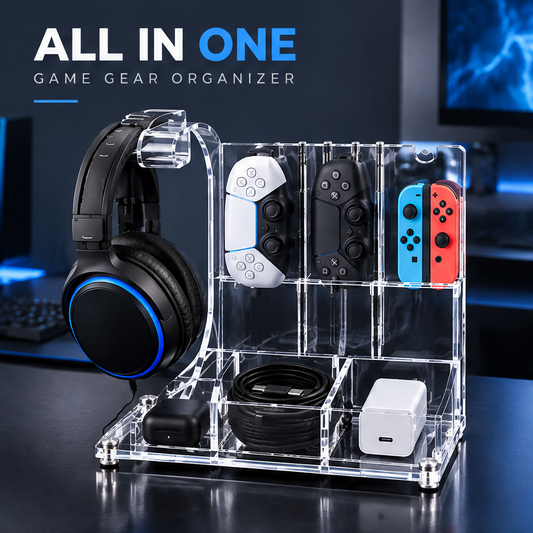 nestovn® All-in-One Game Gear Organizer showing headset, PS5, PS4 and Switch Joy-Con controllers with cable and charger storage