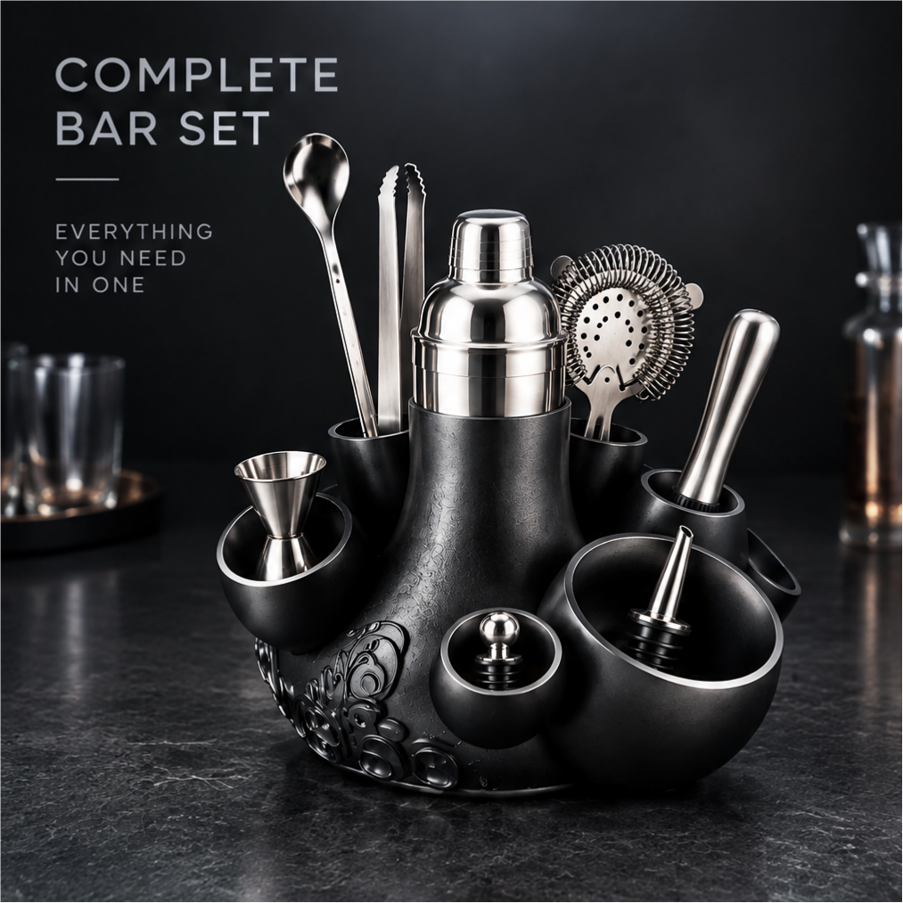 nestovn® Complete Cocktail Bar Set — Complete Bar Set, Everything You Need in One, angled view with bar cabinet background