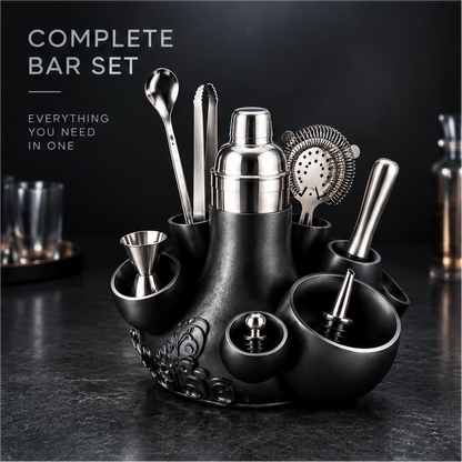nestovn® Complete Cocktail Bar Set — Complete Bar Set, Everything You Need in One, angled view with bar cabinet background