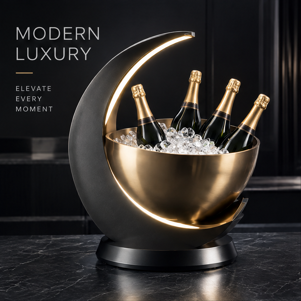 nestovn® Crescent Moon Champagne Ice Bucket with 4 champagne bottles on ice, lounge setting with champagne flutes