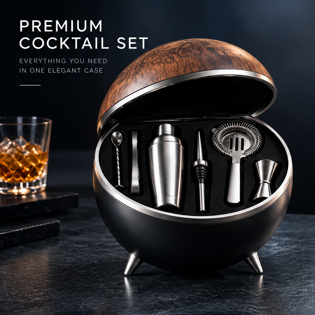 nestovn® Globe Cocktail Set — Premium Cocktail Set, Everything You Need in One Elegant Case, open sphere angled view with whisky glass bokeh