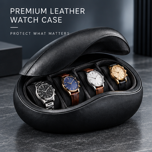 nestovn® Premium Leather Watch Case open — Protect What Matters, displaying 4 watches in black leather case