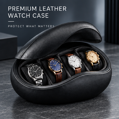 nestovn® Premium Leather Watch Case open — Protect What Matters, displaying 4 watches in black leather case