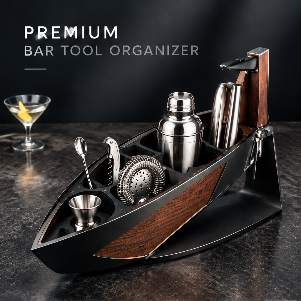 nestovn® Nautical Cocktail Bar Set — Premium Bar Tool Organizer, front angled view with martini glass bokeh background