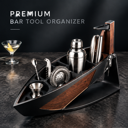 nestovn® Nautical Cocktail Bar Set — Premium Bar Tool Organizer, front angled view with martini glass bokeh background