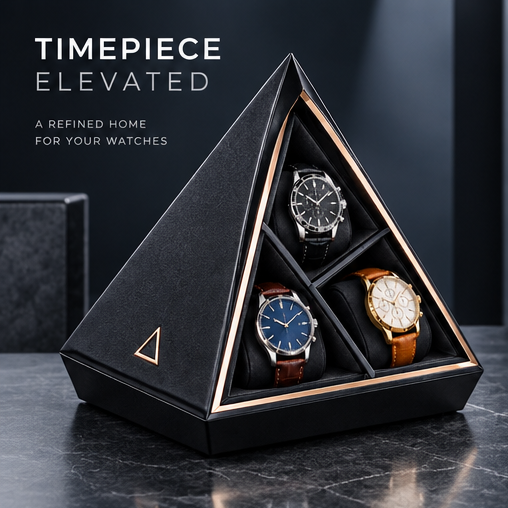 nestovn® Pyramid Watch Case — Timepiece Elevated, A Refined Home for Your Watches, front view open with 3 watches