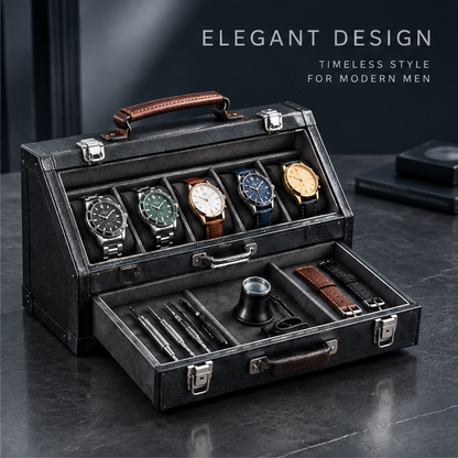 nestovn® Premium Watch Case open showing watch collection in top tray and organized tools and straps in bottom compartment