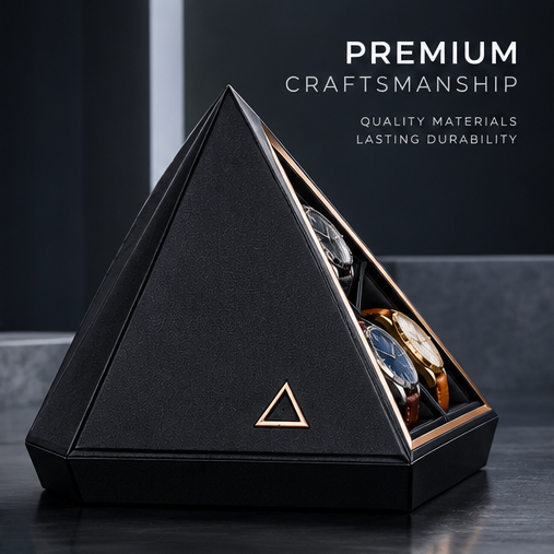 nestovn® Pyramid Watch Case — Triangle Design, More Space More Possibilities, top-down view open with 3 watches