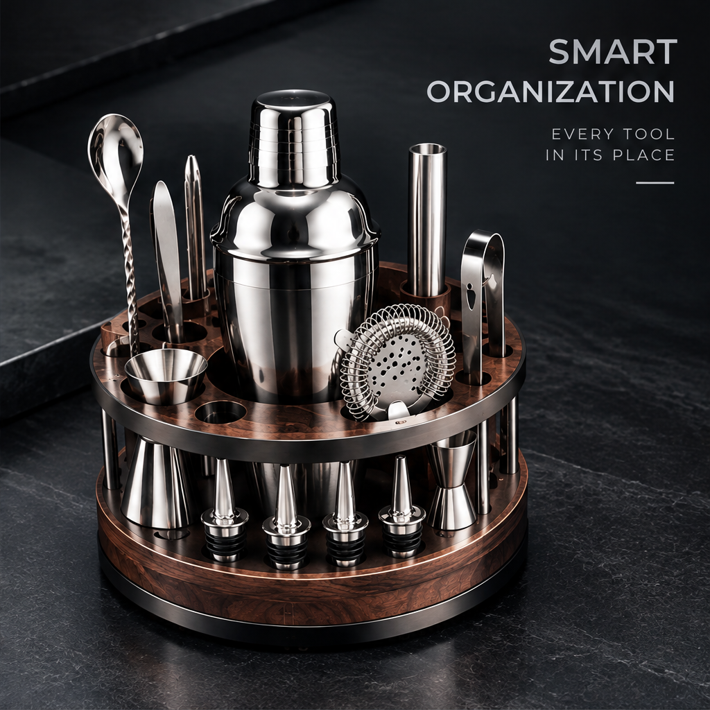 nestovn® Premium Cocktail Set — Built to Last, Durable Stable Reliable, back-lit angled view showing full tool height
