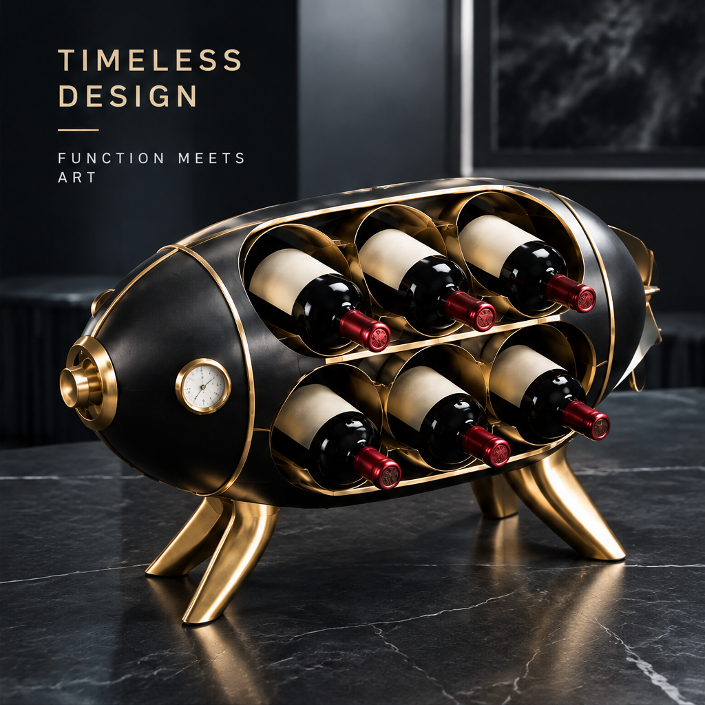 nestovn® Rocket Wine Rack — Timeless Design, Function Meets Art, side view with 6 wine bottles and gauge detail
