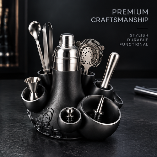 nestovn® Complete Cocktail Bar Set — 9-piece stainless steel bartender kit in black embossed stand, front view