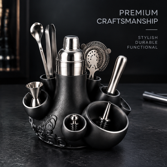 nestovn® Complete Cocktail Bar Set — 9-piece stainless steel bartender kit in black embossed stand, front view