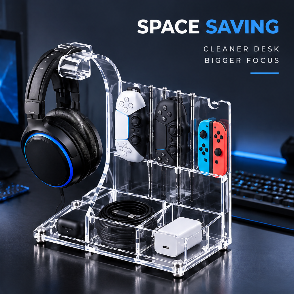 nestovn® Gaming Organizer — Space Saving, Cleaner Desk Bigger Focus, with headset and three controllers displayed