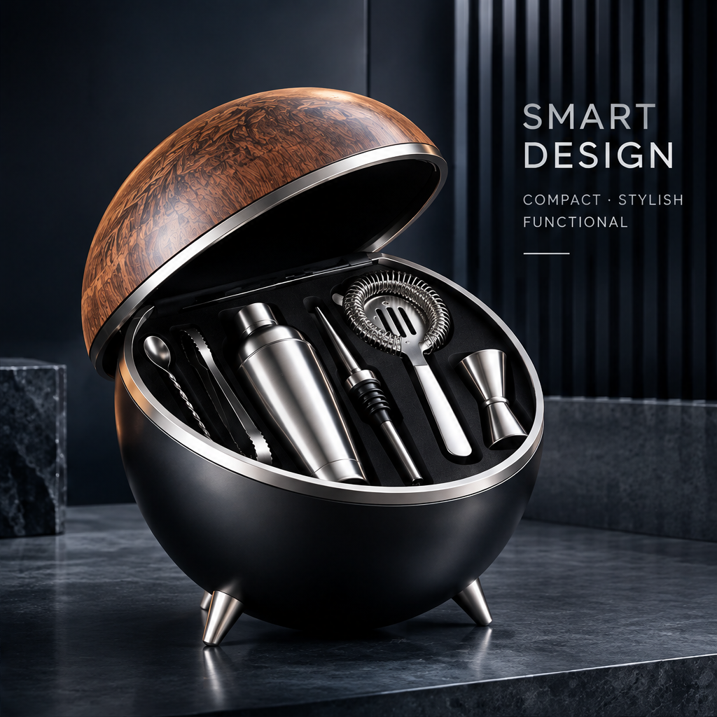 nestovn® Globe Cocktail Set — Smart Design, Compact Stylish Functional, open sphere angled view on marble pedestal background