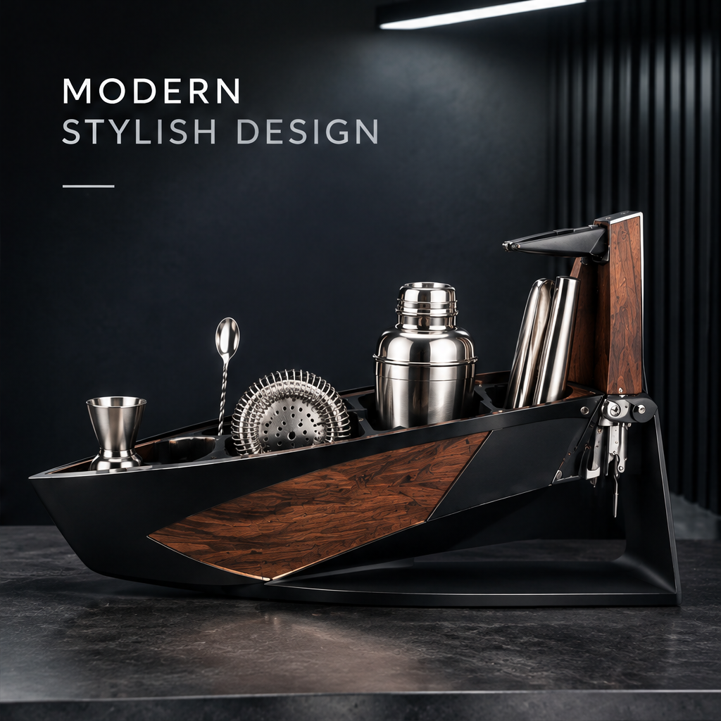 nestovn® Nautical Cocktail Bar Set — Modern Stylish Design, side angled view showing walnut hull and steel frame under strip lighting