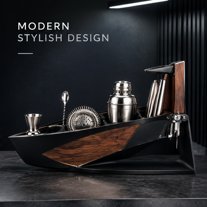 nestovn® Nautical Cocktail Bar Set — Modern Stylish Design, side angled view showing walnut hull and steel frame under strip lighting