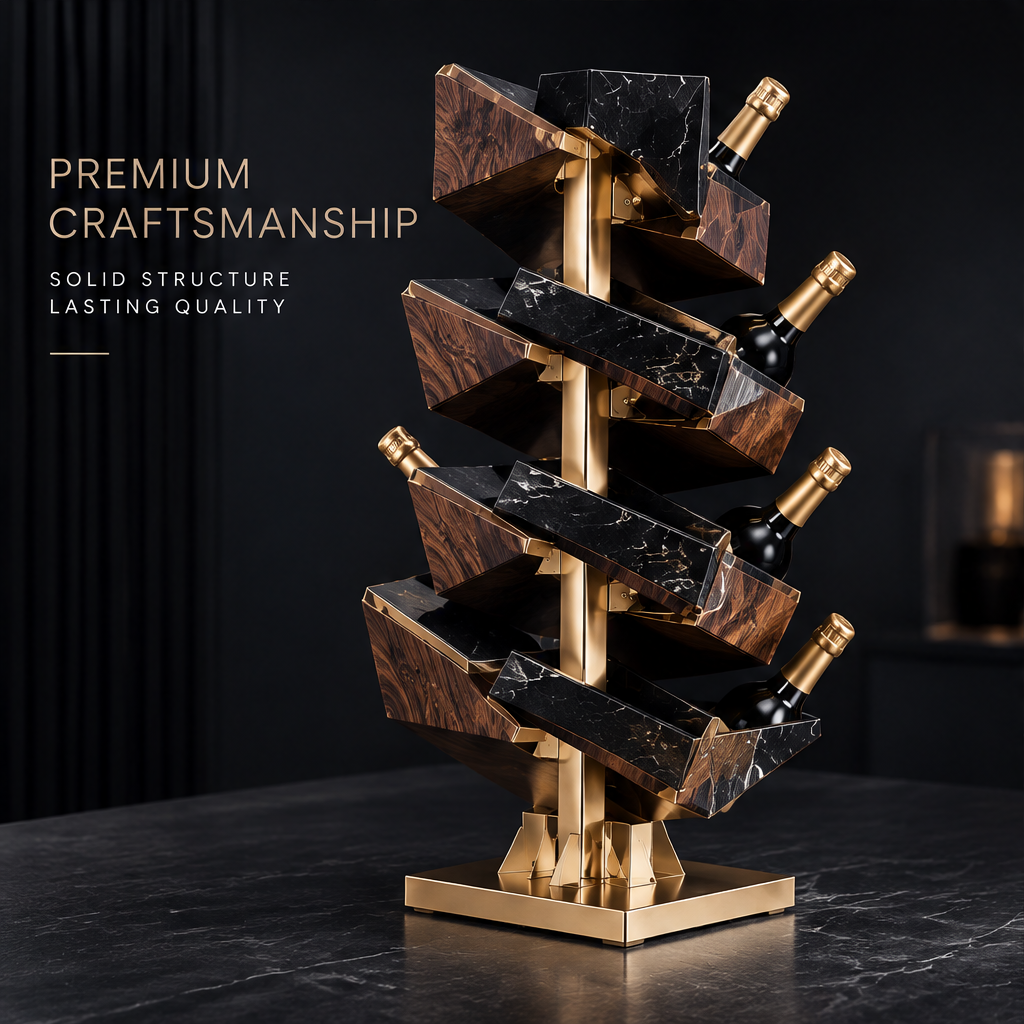 nestovn® Tower Wine Rack fully loaded with 6 champagne bottles in lounge setting, leather sofa background