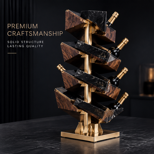 nestovn® Tower Wine Rack fully loaded with 6 champagne bottles in lounge setting, leather sofa background