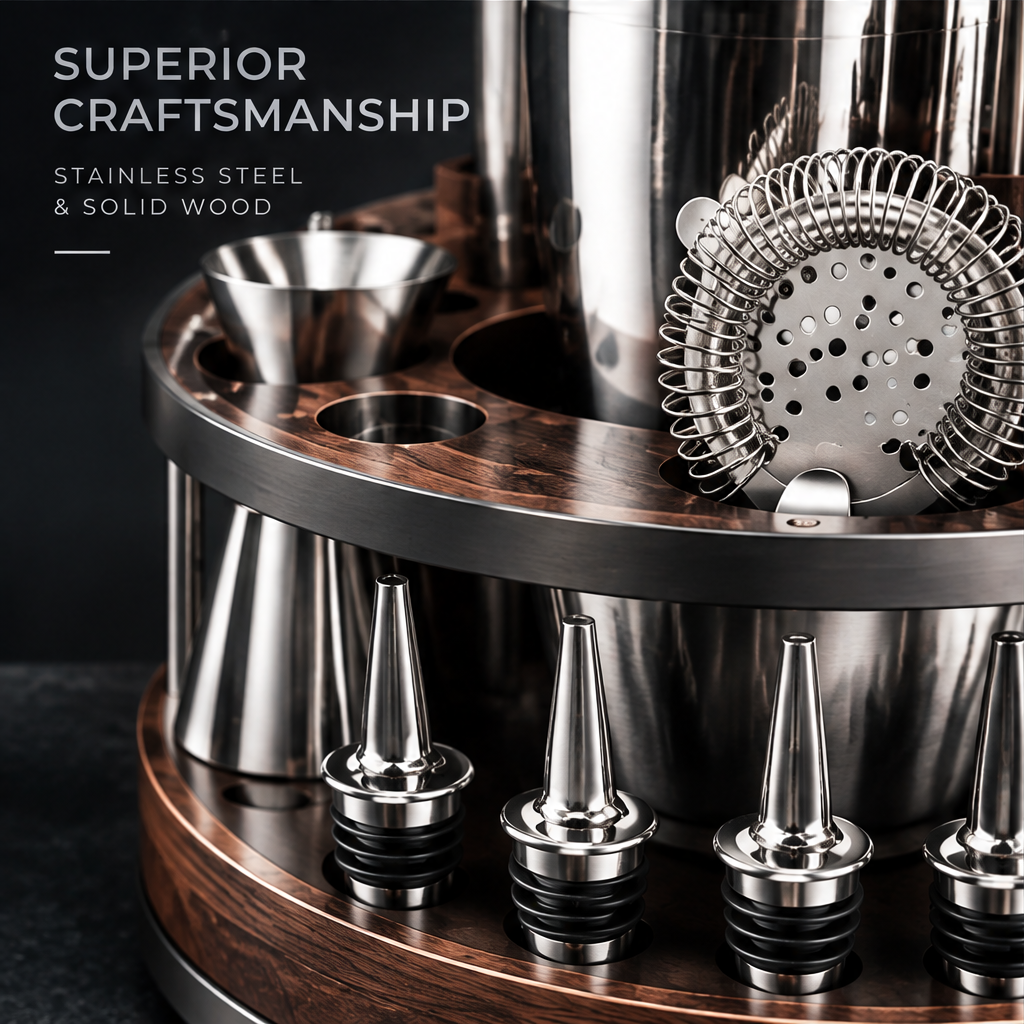 nestovn® Premium Cocktail Set — Smart Organization, Every Tool in Its Place, low angled front view showing bottle stoppers in lower tier
