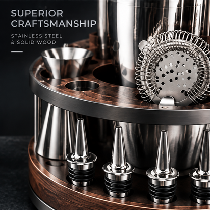 nestovn® Premium Cocktail Set — Smart Organization, Every Tool in Its Place, low angled front view showing bottle stoppers in lower tier