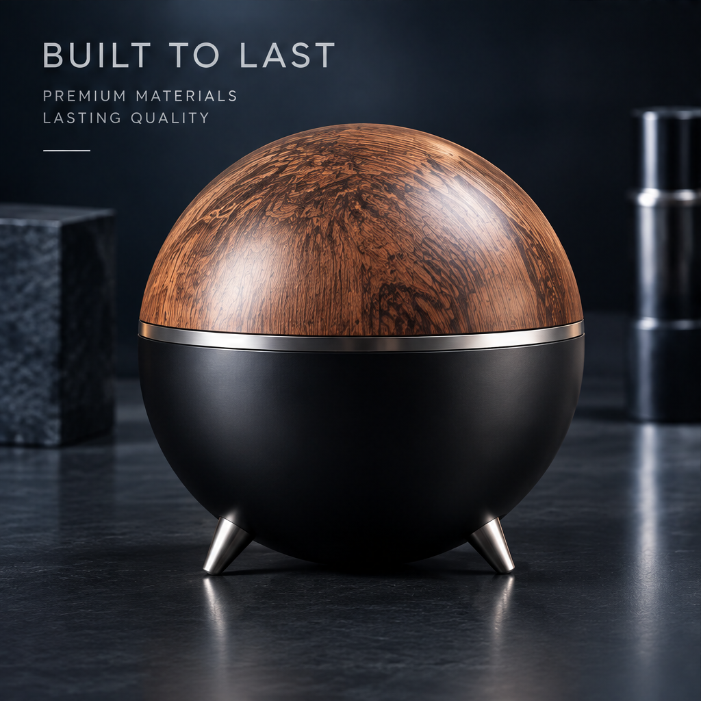 nestovn® Globe Cocktail Set — Built to Last, Premium Materials Lasting Quality, closed walnut wood sphere showing full globe form on steel legs