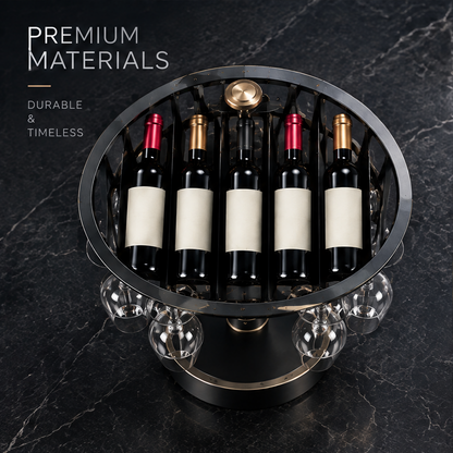 nestovn® Orbital Wine Rack — Premium Materials, Durable & Timeless, overhead top-down view with 5 wine bottles and hanging glasses