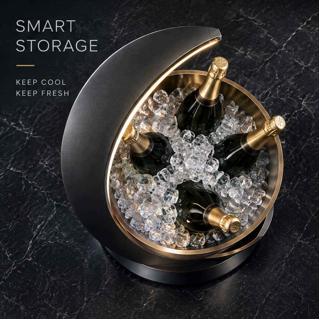nestovn® Crescent Moon Champagne Ice Bucket — Refined Details, Superior Craftsmanship in Every Line, close-up of LED crescent arch and gold bowl rim