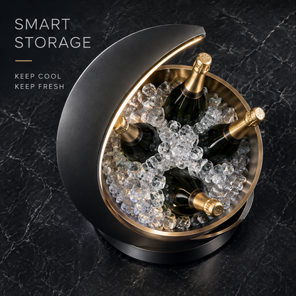 nestovn® Crescent Moon Champagne Ice Bucket — Refined Details, Superior Craftsmanship in Every Line, close-up of LED crescent arch and gold bowl rim
