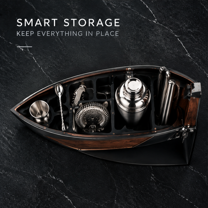 nestovn® Nautical Cocktail Bar Set — Built to Last, Premium Materials, close-up of walnut wood panels, hinged bottle opener arm and mixing tin detail