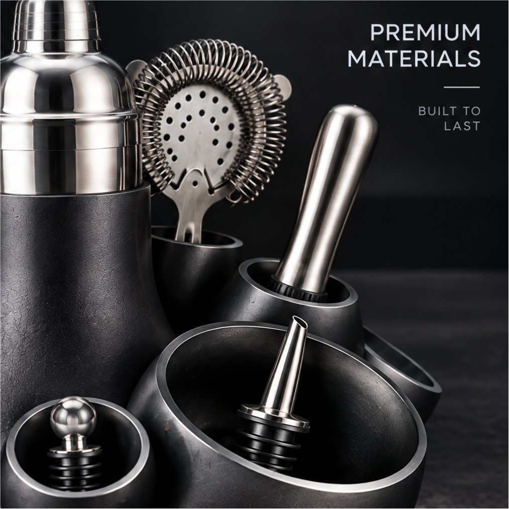 nestovn® Complete Cocktail Bar Set — Organized & Efficient, Smart Space Design, overhead top-down view of all tools in stand