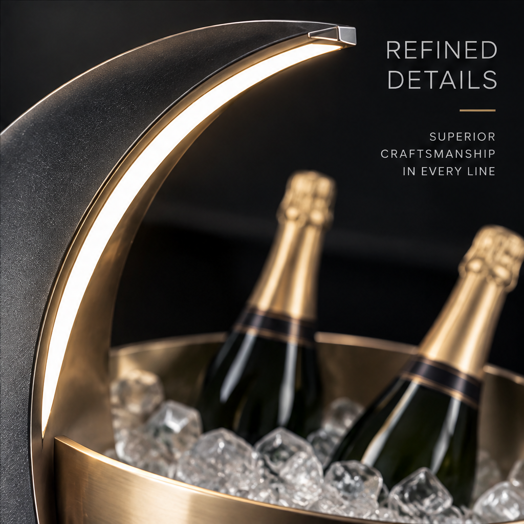 nestovn® Crescent Moon Champagne Ice Bucket — Smart Storage, Keep Cool Keep Fresh, overhead top-down view with ice